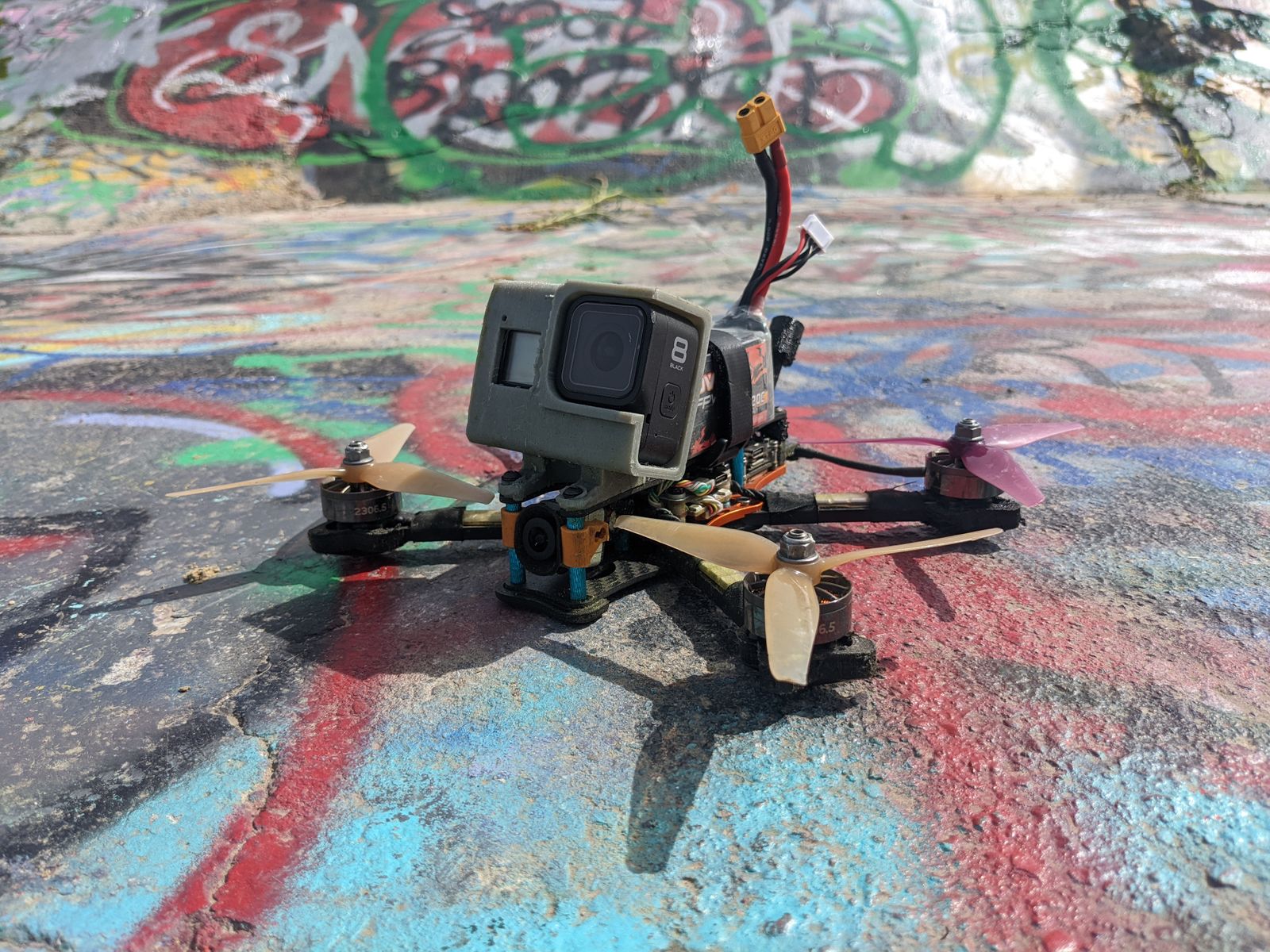 Reference photograph of a custom five-inch FPV drone
